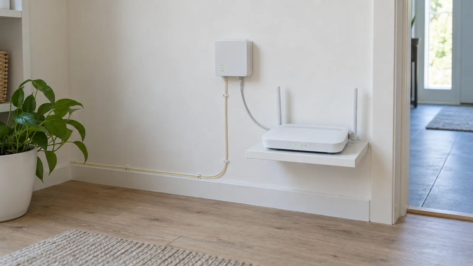 A fiber terminal on an interior wall connected by Ethernet to a Wi-Fi router on a small shelf below.