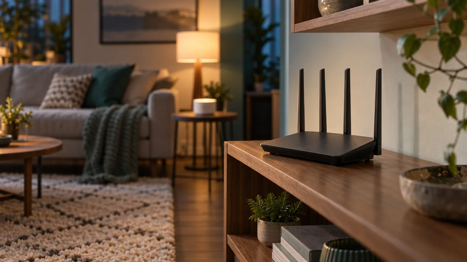 A Wi-Fi router on a living room shelf with a mesh node in the background.