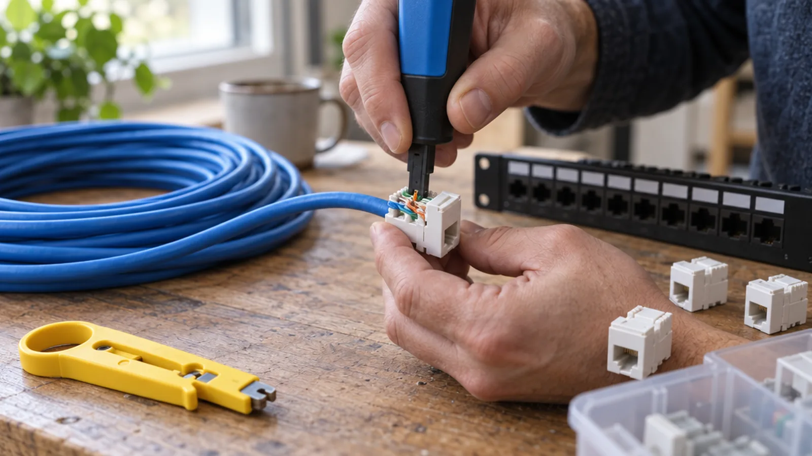 Hands terminating an Ethernet cable into a keystone jack on a workbench.