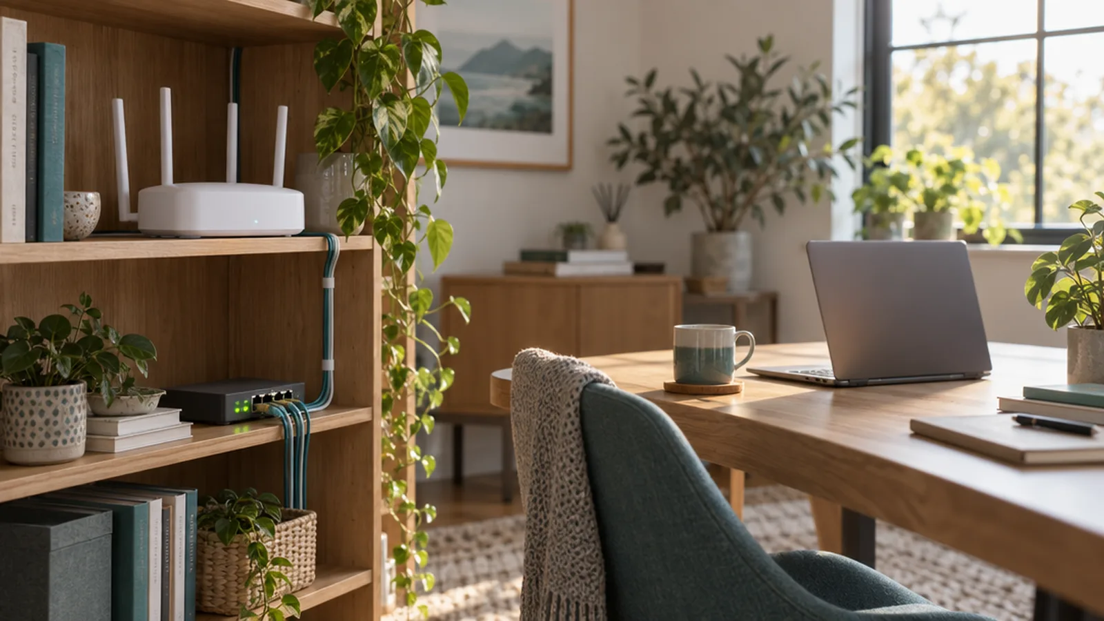 A tidy home office with a router on a bookshelf and neatly routed Ethernet cables in soft morning light.